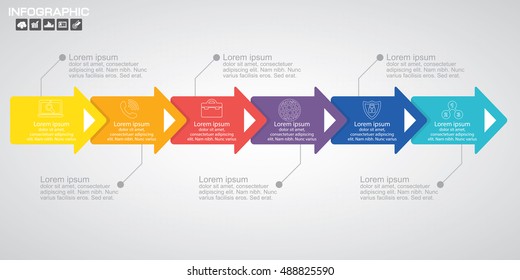 Modern rainbow timeline with circle milestones with pastel fill. Set of icons included