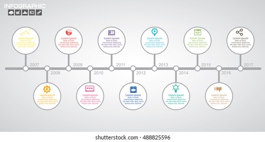 Modern rainbow timeline with circle milestones with pastel fill. Set of icons included