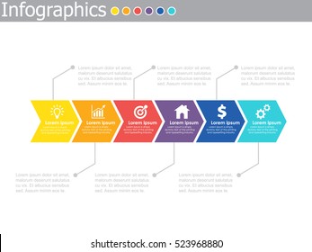 Modern rainbow timeline with circle milestones with colored fill. Set of icons included