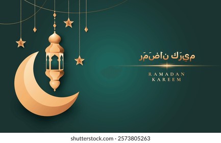 Modern ramadan background with crescent moon and lantern. Elegant islamic holiday greetings . Translation: Ramadan Kareem.