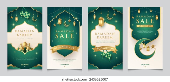 Modern Ramadan design template for social media posting. Fresh green Raya with golden islamic elements templates collection.