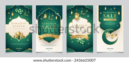 Modern Ramadan design template for social media posting. Fresh green Raya with golden islamic elements templates collection.