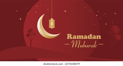 Modern ramadan holiday banner in maroon gradient monotone design. Islamic Arabic maroon luxury background with  beautiful silhouette mosque, crescent. Vector Ilustration.