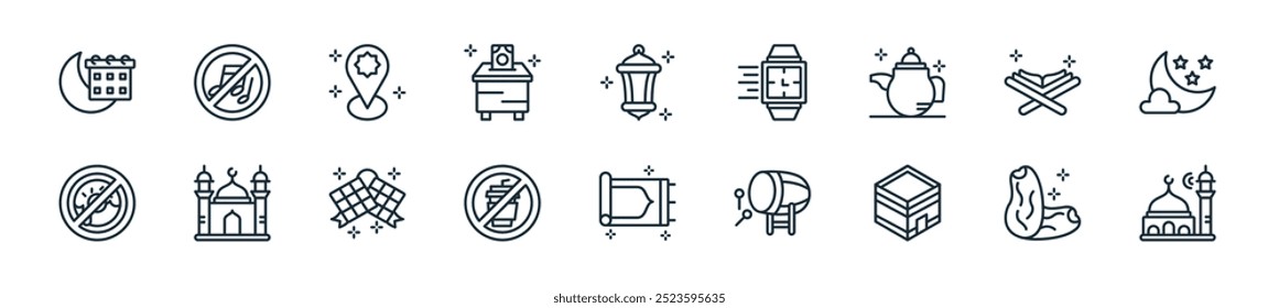 modern ramadan islam icon pack. perfect for linear ui designs featuring vector adzan, dates, kaaba, eid mubarak, sajadah, no drink, eid mubarak and more icons for mobile and web apps.