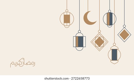 Fondo moderno de Ramadán Kareem con linternas geométricas colgantes, luna creciente y caligrafía árabe. Ilustración vectorial plana minimalista perfecta para tarjetas de felicitación y Anuncios.