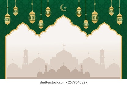 Modern Ramadan Kareem Background Vector with Mosque Dome and Lanterns