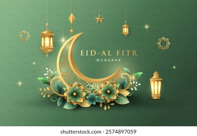 Modern Ramadan Kareem banner design with gold ornament moon, star, flowers and lanterns on green Islamic pattern background. Raya and ramadan template design for poster, banner and greeting cards.