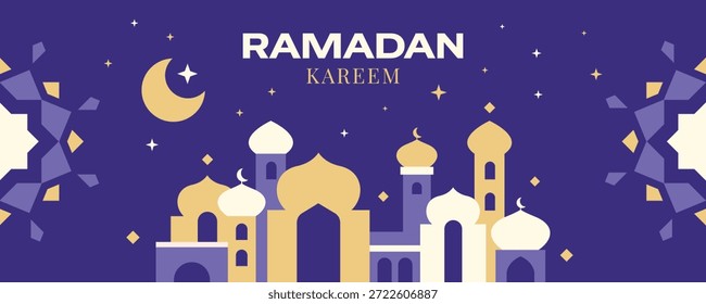 Diseño moderno de Ramadán Kareem con una mezquita y Elementos decorativos geométricos islámicos