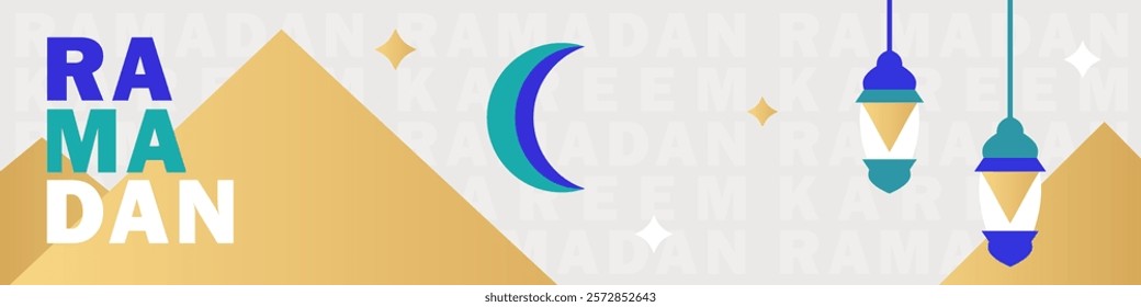 Modern Ramadan Kareem geometric panoramic banner with a crescent moon, Arabic lanterns, golden sand dunes and repeating text. Eid Mubarak trendy header, Muslim wallpaper billboard with bold typography