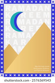 Modern Ramadan Kareem geometric poster with a crescent moon, golden sand dunes and repeating "Ramadan Kareem" text in white with frame. Eid Mubarak trendy greeting card with blessing message below.