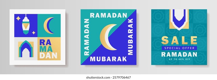 Modern Ramadan Kareem greeting cards set with bold colors of blue, gold, and teal. Posters with crescent moon, geometric patterns, mosque arches, lanterns, "Eid Mubarak" greeting and sale promo banner