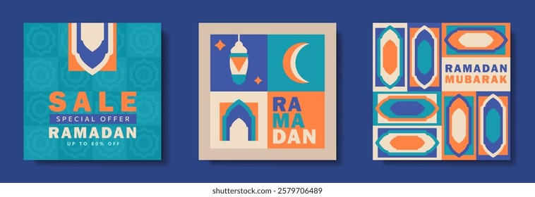 Modern Ramadan Kareem greeting cards set with bold colors of blue, orange, teal. Posters with crescent moon, geometric patterns, mosque arches, lanterns, "Eid Mubarak" greeting and sale promo banner