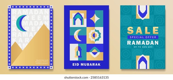 Modern Ramadan Kareem greeting cards set with bold colors of blue, gold, and teal. Posters with crescent moons, geometric patterns, mosque arches, "Eid Mubarak" greeting and a sale promo banner