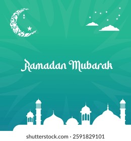 Modern Ramadan Kareem Greeting design ornament moon, star, flowers and lanterns on green ramadan template design for poster, banner and greeting cards.