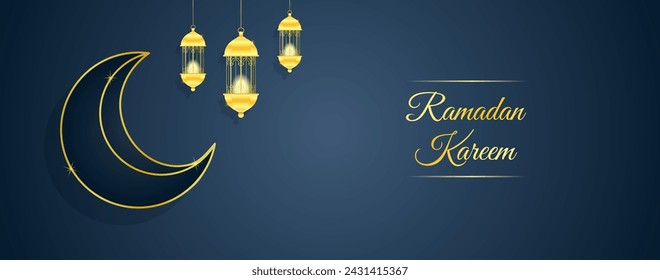 modern ramadan kareem on blue background with gold lantern, moon. vector illustration