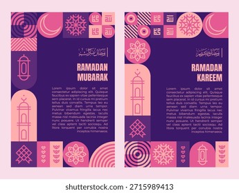 Conjunto de pósters de Ramadán moderno con patrones islámicos geométricos planos, luna creciente, iconos de mezquita y tipografía audaz. Ideal para saludos, eventos, redes sociales y promociones de temporada.