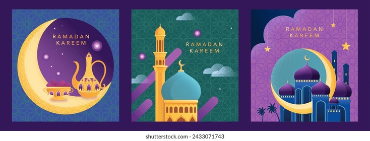 Modern Ramadan templates with mosque scenery, crescent moon, and Arabesque line art.