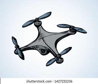 Modern rc computer toy gadget device tool line design hover fly up on light white view. Outline black hand drawn web military hobby logo sign concept sketch in future art cartoon doodle graphic style