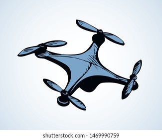 Modern rc computer toy gadget device tool line design hover fly up on light white view. Outline black hand drawn web military hobby logo sign concept sketch in future art cartoon doodle graphic style