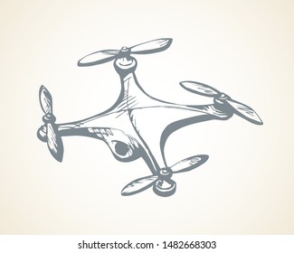 Modern rc computer toy gadget device tool line design hover fly up on light white view. Outline black hand drawn web military hobby logo sign concept sketch in future art cartoon doodle graphic style