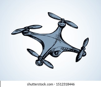Modern rc computer toy gadget device tool line design hover fly up on light white view. Outline black hand drawn web military hobby logo sign concept sketch in future art cartoon doodle graphic style