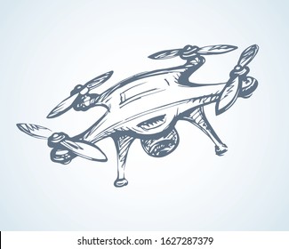 Modern rc computer toy gadget device tool line design hover fly up on light white view. Outline black hand drawn web military hobby logo sign concept sketch in future art cartoon doodle graphic style