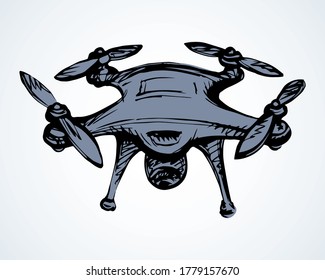 Modern rc computer toy gadget device tool line design hover fly up on light white view. Outline black hand drawn web military hobby logo sign concept sketch in future art cartoon doodle graphic style