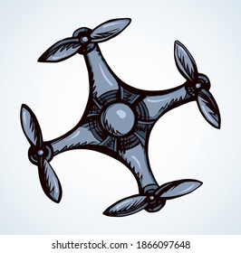 Modern rc computer toy gadget device tool line design hover fly up on light white view. Outline black hand drawn web military hobby logo sign concept sketch in future art cartoon doodle graphic style