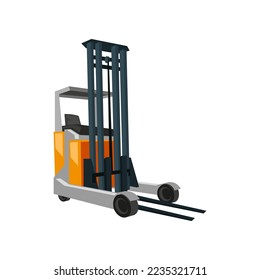 Modern reach truck forklift cartoon illustration. Industrial vehicle for work in warehouse isolated on white background. Logistic, distribution, shipment, storage, transportation concept.