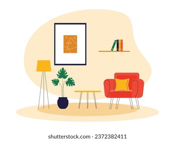Modern reading room, comfortable chairs and table in front of them, potted plants and lamps next to each other, shelves and paintings, vector illustration of interior and furniture.
