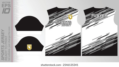 Design moderno da camisa pronta para impressão com linhas dinâmicas e cores vibrantes. Perfeito para futebol, basquete, ciclismo ou roupas esportivas. Arquivo vetorial personalizável de alta qualidade para impressão instantânea.