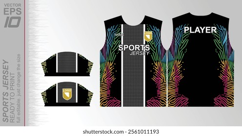 Modern ready-to-print jersey design with dynamic lines and vibrant colors. Perfect for football, basketball, cycling, or sportswear. High-quality, customizable vector file for instant printing.