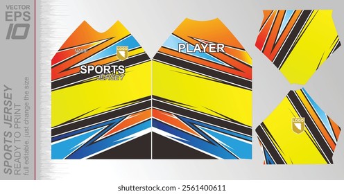 Modern ready-to-print jersey design with dynamic lines and vibrant colors. Perfect for football, basketball, cycling, or sportswear. High-quality, customizable vector file for instant printing.