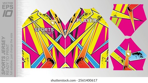 Modern ready-to-print jersey design with dynamic lines and vibrant colors. Perfect for football, basketball, cycling, or sportswear. High-quality, customizable vector file for instant printing.