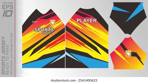 Modern ready-to-print jersey design with dynamic lines and vibrant colors. Perfect for football, basketball, cycling, or sportswear. High-quality, customizable vector file for instant printing.