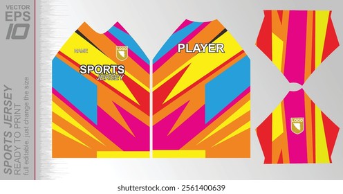 Modern ready-to-print jersey design with dynamic lines and vibrant colors. Perfect for football, basketball, cycling, or sportswear. High-quality, customizable vector file for instant printing.