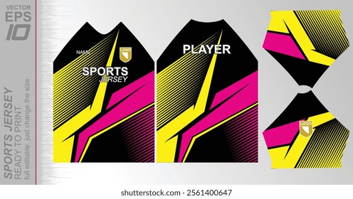 Modern ready-to-print jersey design with dynamic lines and vibrant colors. Perfect for football, basketball, cycling, or sportswear. High-quality, customizable vector file for instant printing.