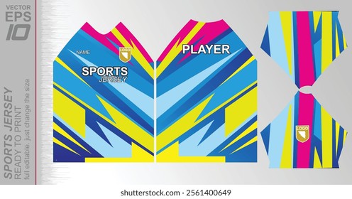 Modern ready-to-print jersey design with dynamic lines and vibrant colors. Perfect for football, basketball, cycling, or sportswear. High-quality, customizable vector file for instant printing.