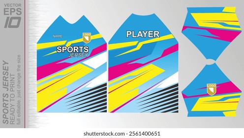 Modern ready-to-print jersey design with dynamic lines and vibrant colors. Perfect for football, basketball, cycling, or sportswear. High-quality, customizable vector file for instant printing.