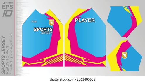 Modern ready-to-print jersey design with dynamic lines and vibrant colors. Perfect for football, basketball, cycling, or sportswear. High-quality, customizable vector file for instant printing.