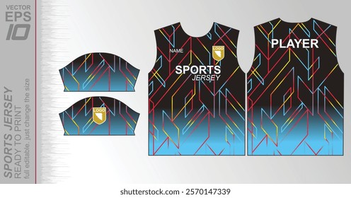 Modern ready-to-print jersey design with dynamic lines and vibrant colors. Perfect for football, basketball, cycling, or sportswear. High-quality, customizable vector file for instant printing.