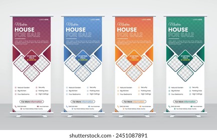 Moderne Immobilienagentur Haus oder Haus zum Verkauf Rollup Pullup Banner, Standdee, x Banner, Beschilderung Werbedesign für Geschäftsverkaufsförderung mit Platz für Fotos, editierbare Premium-Vektorgrafik Layout