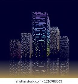 Modern real estate building vector silhouette. Skyscrapers. Flat design of silhouette city buildings skyline. Cityscape in dark blue color sky background.
