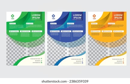 Modern Real Estate Business Flyer Design, Three Color, Vector Template, A4 Size, Green, Blue Orange Color, Shape Layout.
