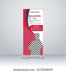 Modern real estate Business Roll-up banner stands for template design. Marketing exhibition for the conference, promo banner exhibition, printing, presentation and display, flag banner for the seminar