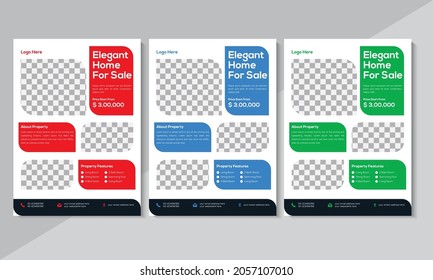 Modern Real Estate Flyer Design, Business Flyer Template, Brochure design, Home Sale, annual report, red, blue, green color, Vector illustration