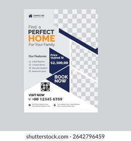 Modern Real Estate Flyer Template Featuring a Luxurious Home with Three Bedrooms and a Swimming Pool