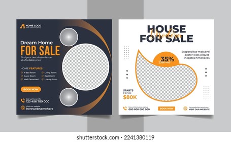 Modern real estate home for sale social media post design web banner template set.