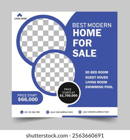 Modern Real Estate Home for sale or social media post template. Housing buy and sell, Editable Post, Property home sale, square editable banner.