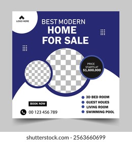 Modern Real Estate Home for sale or social media post template. Housing buy and sell, Editable Post, Property home sale, square editable banner.